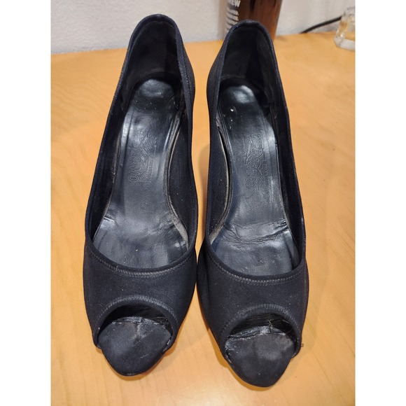 Salvatore Ferragamo Peep‎ Toe Wedge Heels Black Satin Size 9.5 Made in Italy - Picture 1 of 7